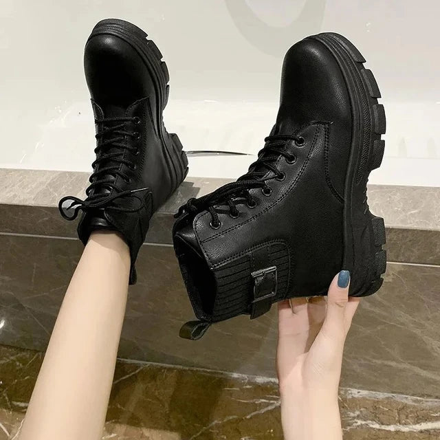 AE072420 White Ankle Boot PU Leather Thick Sole Lace Up Combat Booties Female Autumn Winter Platform Shoes Rubber Cowboy Boots - jurk.store