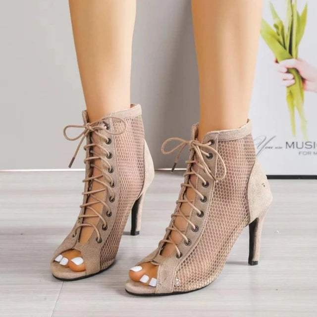 AE072411 New Women Fashion Show Net Fabric Cross Strap Sexy High Heel Sandals Women Shoes Pumps Lace-up Peep Toe Sandals Casual Mesh - jurk.store