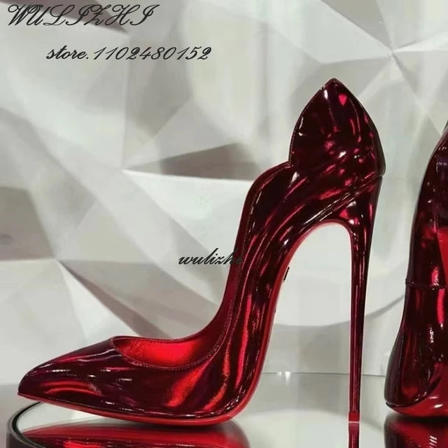 AE072424 Red Shiny Mirror Sexy Heels Girl Dress Hollow Pointed Toe Sandal Spring Bling Catwalk Metallic Glitter Pump Concise Shallow Shoe. - jurk.store