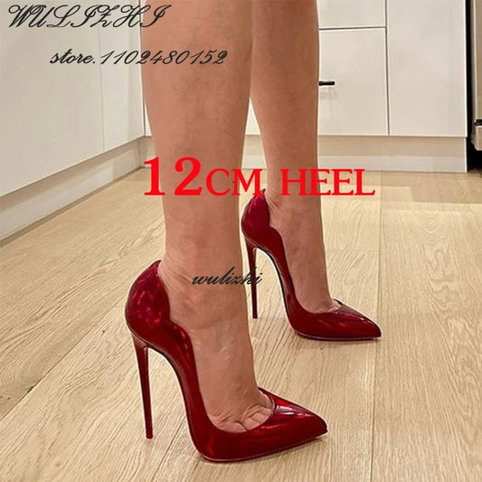 AE072424 Red Shiny Mirror Sexy Heels Girl Dress Hollow Pointed Toe Sandal Spring Bling Catwalk Metallic Glitter Pump Concise Shallow Shoe. - jurk.store