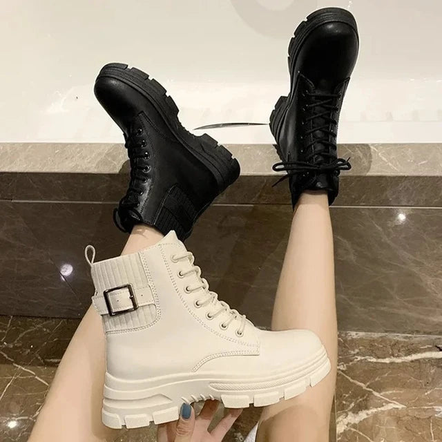 AE072420 White Ankle Boot PU Leather Thick Sole Lace Up Combat Booties Female Autumn Winter Platform Shoes Rubber Cowboy Boots - jurk.store