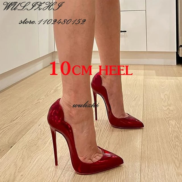 AE072424 Red Shiny Mirror Sexy Heels Girl Dress Hollow Pointed Toe Sandal Spring Bling Catwalk Metallic Glitter Pump Concise Shallow Shoe. - jurk.store