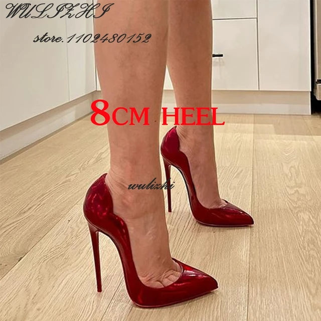 AE072424 Red Shiny Mirror Sexy Heels Girl Dress Hollow Pointed Toe Sandal Spring Bling Catwalk Metallic Glitter Pump Concise Shallow Shoe. - jurk.store