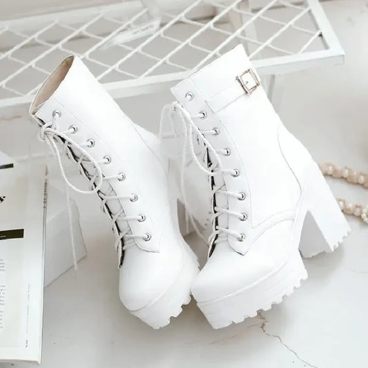 AE072441 White Black Brown Boots Lace-up High Heel Bride Maid Cosplay Ankle Boots Rubber Upper Material For Women