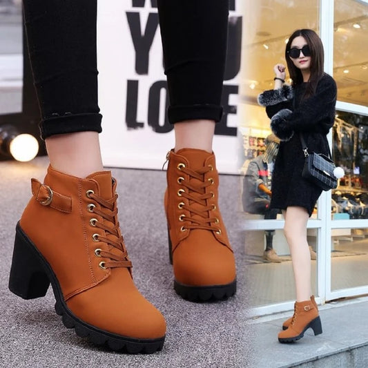 AE072419 New Spring Winter Women Pumps Boots High Quality Lace-up European Ladies Shoes PU High Heels Boots - jurk.store