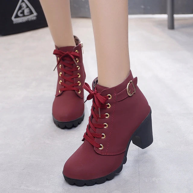 AE072419 New Spring Winter Women Pumps Boots High Quality Lace-up European Ladies Shoes PU High Heels Boots - jurk.store