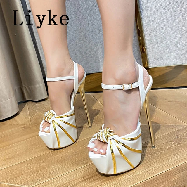 AE072417 Liyke Summer Women Sexy Stiletto Platform Sandals Fashion Design Pleated Open Toe Extreme High Heels Banquet Party Shoes - jurk.store