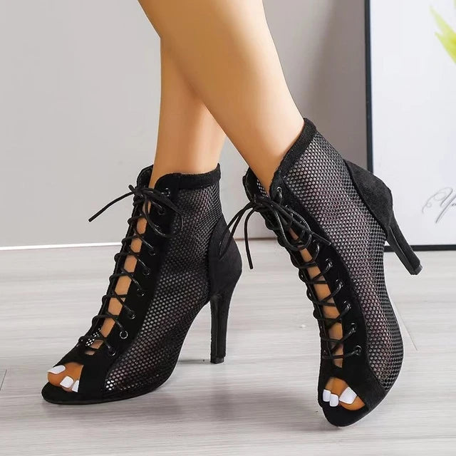 AE072411 New Women Fashion Show Net Fabric Cross Strap Sexy High Heel Sandals Women Shoes Pumps Lace-up Peep Toe Sandals Casual Mesh - jurk.store