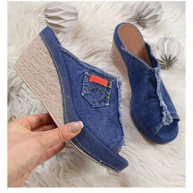 AE072436 Women Shoes Summer New Cowboy Slippers Fashion Retro Wedge Platform Beach Shoes Female Peep High Heels Sandalias Mules - jurk.store