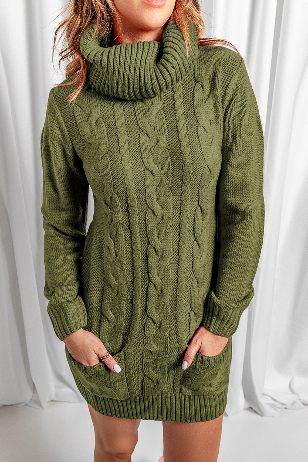 12072443 Olive Cowl Neck Cable Knit Sweater Dress - jurk.store