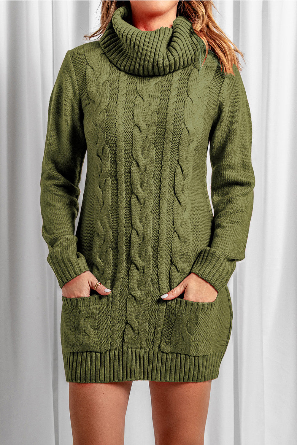 12072443 Olive Cowl Neck Cable Knit Sweater Dress - jurk.store