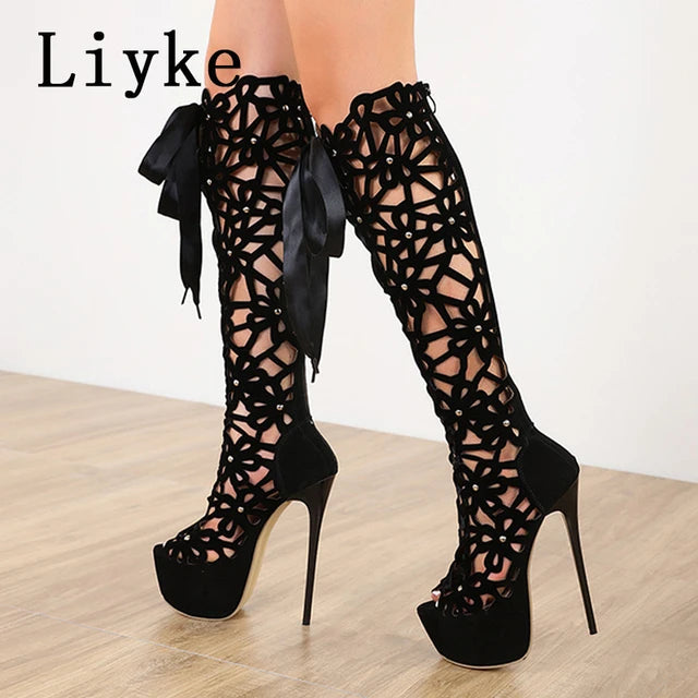 AE072413 Liyke 16CM Ultra Thin High Heels Sexy Nightclub Hollow Out Over The Knee Boots Women Peep Toe Lace-Up Zip Platform Shoes Sandals - jurk.store