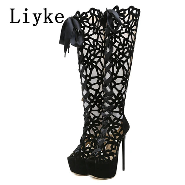 AE072413 Liyke 16CM Ultra Thin High Heels Sexy Nightclub Hollow Out Over The Knee Boots Women Peep Toe Lace-Up Zip Platform Shoes Sandals - jurk.store