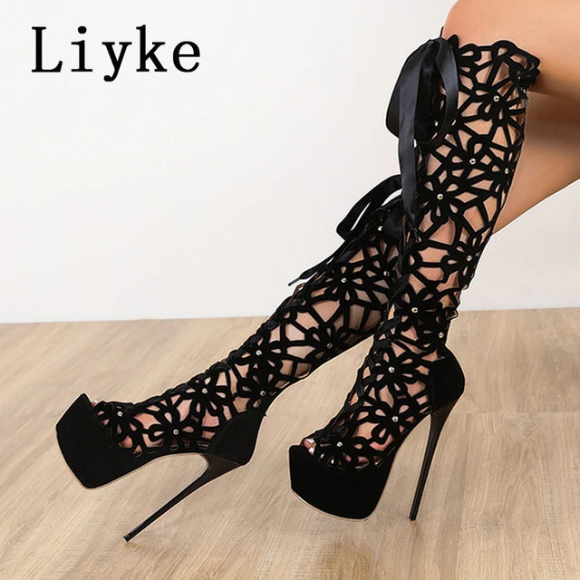 AE072413 Liyke 16CM Ultra Thin High Heels Sexy Nightclub Hollow Out Over The Knee Boots Women Peep Toe Lace-Up Zip Platform Shoes Sandals - jurk.store