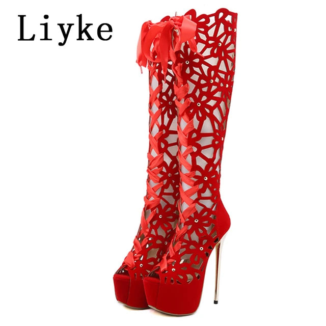 AE072413 Liyke 16CM Ultra Thin High Heels Sexy Nightclub Hollow Out Over The Knee Boots Women Peep Toe Lace-Up Zip Platform Shoes Sandals - jurk.store