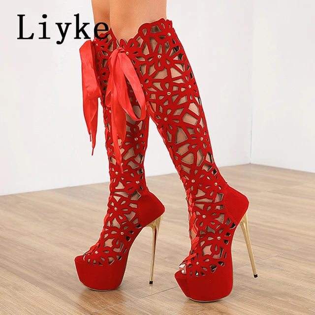 AE072413 Liyke 16CM Ultra Thin High Heels Sexy Nightclub Hollow Out Over The Knee Boots Women Peep Toe Lace-Up Zip Platform Shoes Sandals - jurk.store